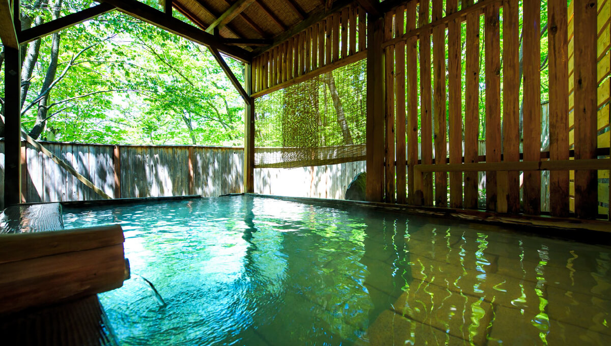 노천 온천 나뭇잎에 가려진 탕